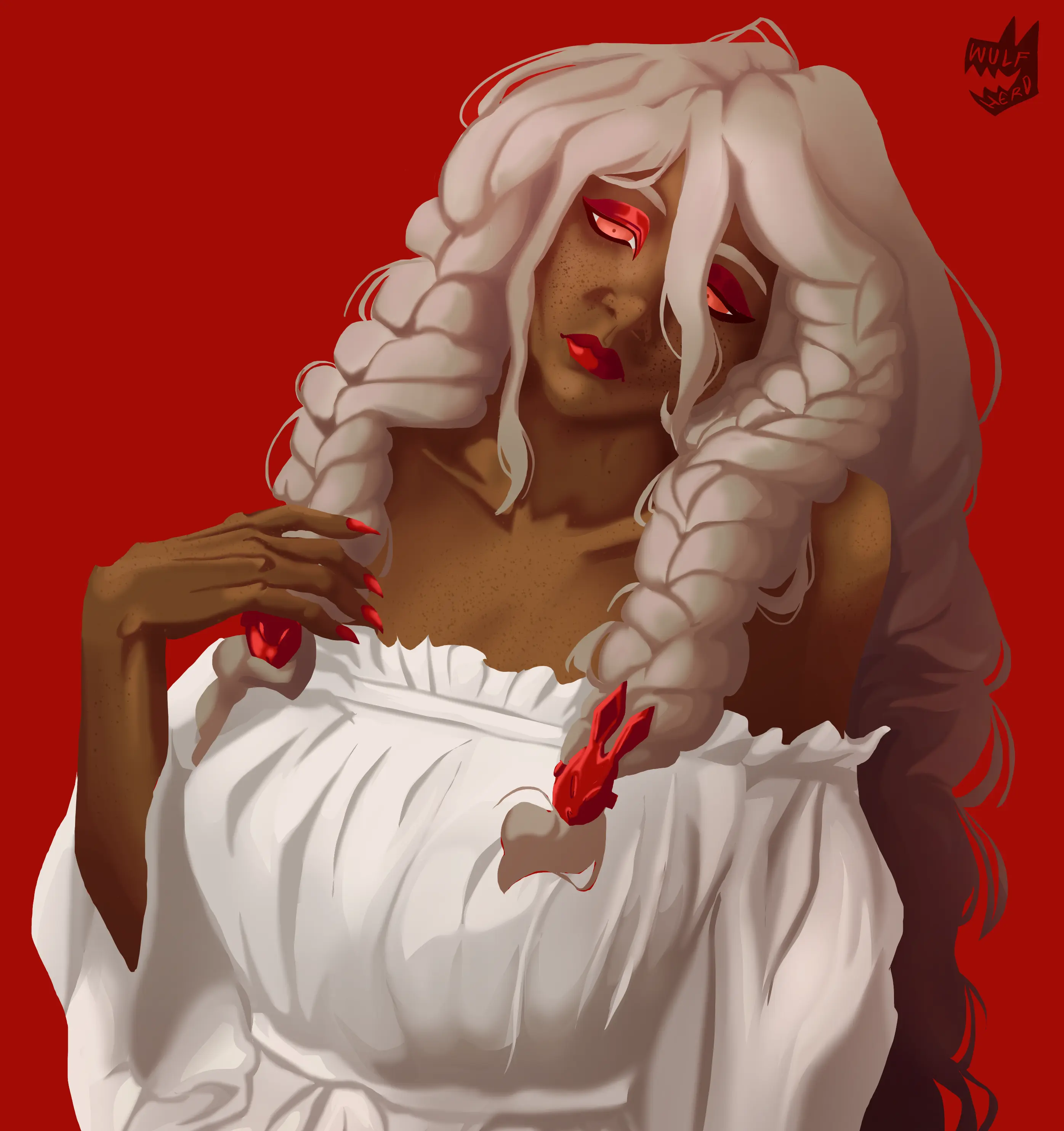 A digital painting of a tanned, feminine man with blond hair, thick braids, and red makeup.